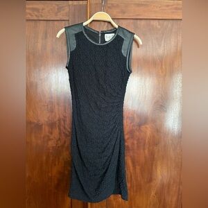 Black Sleeveless Lace Sheath Dress with Leather Trim -